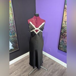 Forever 21 Black Satin Slip Dress with White Lace Trim